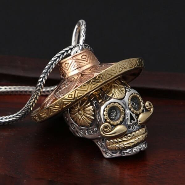 Men's Sterling Silver Sombrero Skull Necklace - Image 7