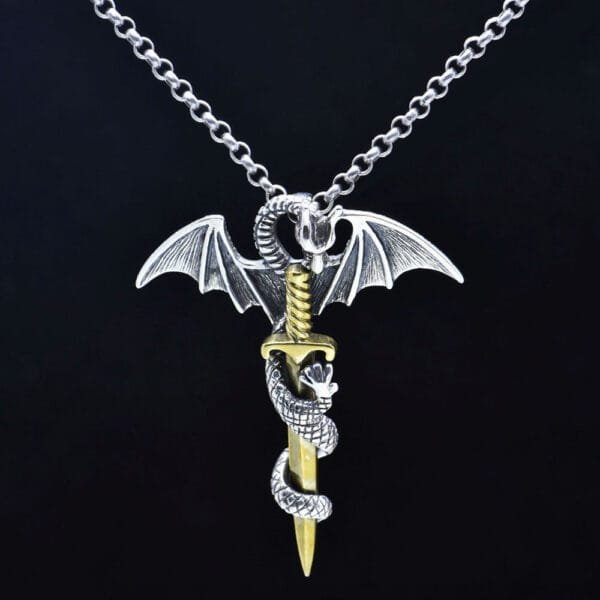 Men's Sterling Silver Flying Dragon Sword Necklace
