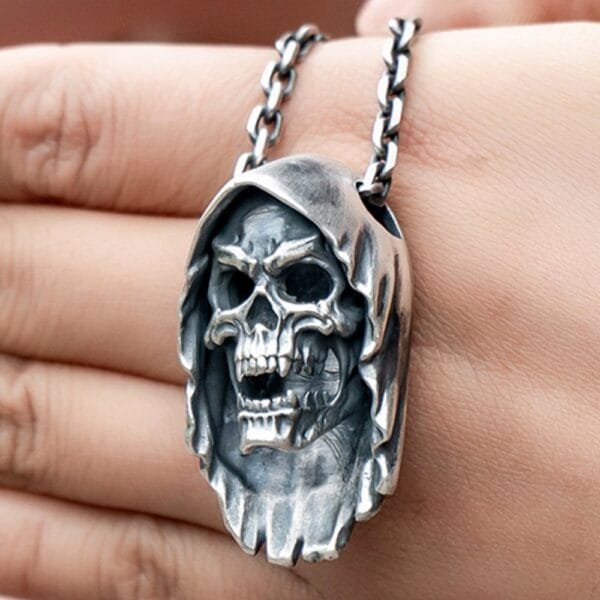 Men's Fine Silver Grim Reaper Skull Necklace - Image 2