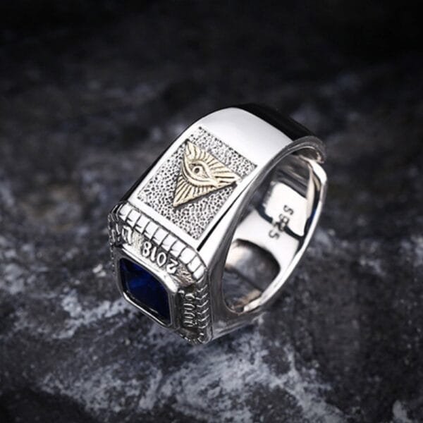 Men's Sterling Silver All Seeing Eye Blue Crystal Ring - Image 2