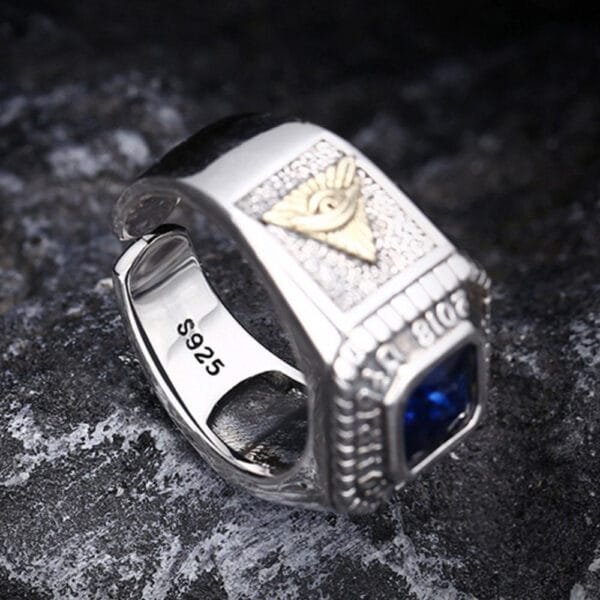 Men's Sterling Silver All Seeing Eye Blue Crystal Ring - Image 5