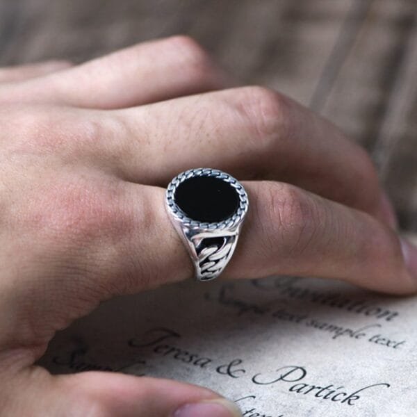 Men's Sterling Silver Black Agate Signet Ring - Image 6