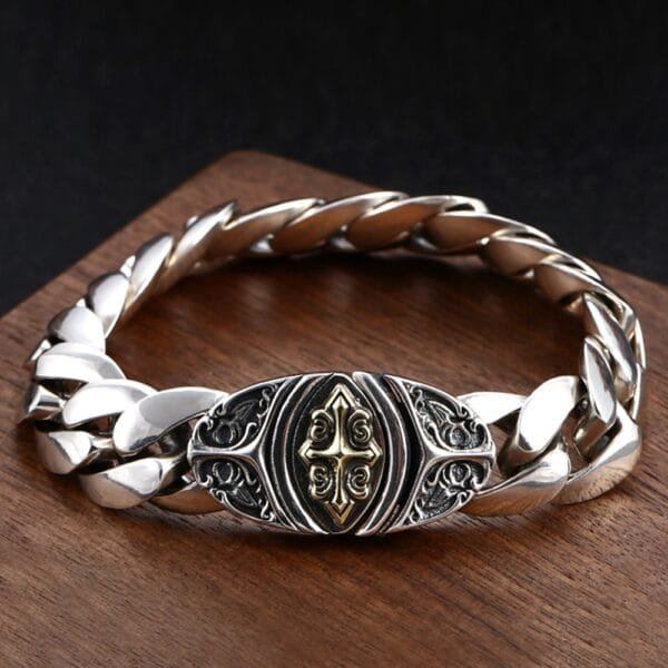 Men's Sterling Silver Cross Clasp Cuban Chain Bracelet - Image 2
