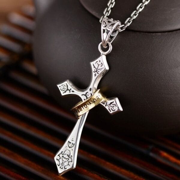 Men's Sterling Silver Lord's Prayer Cross Halo Pendant Necklace - Image 3