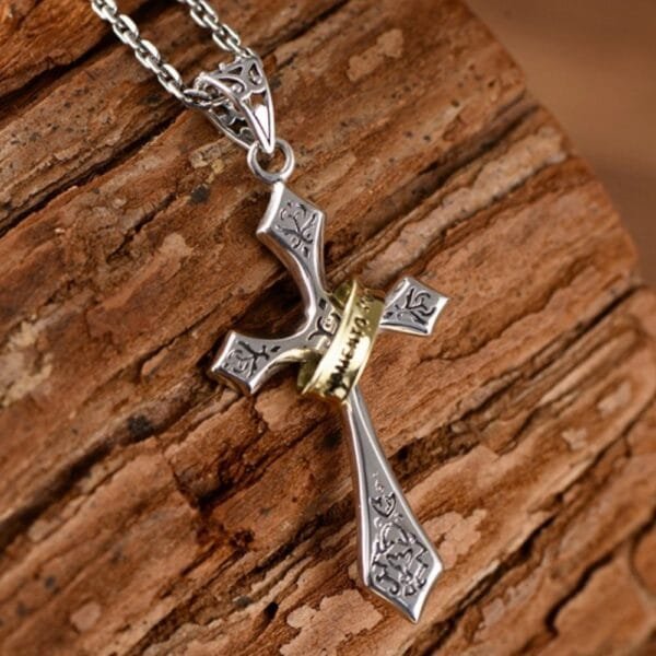 Men's Sterling Silver Lord's Prayer Cross Halo Pendant Necklace - Image 4