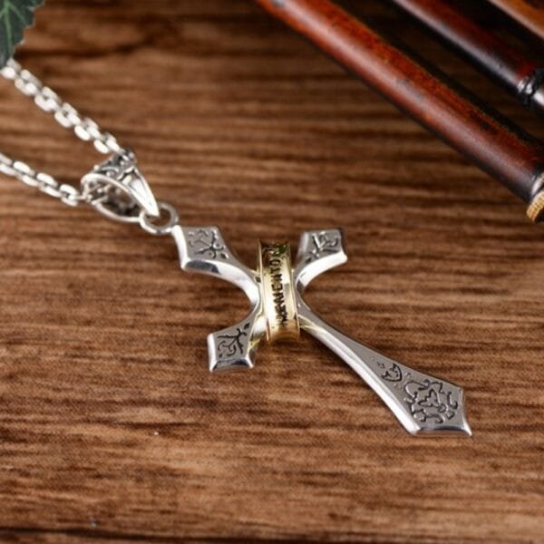 Men's Sterling Silver Lord's Prayer Cross Halo Pendant Necklace - Image 5
