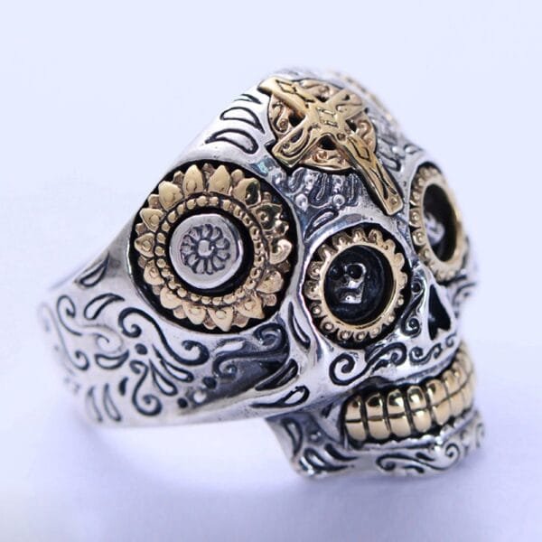 Men's Sterling Silver Sugar Skull Ring - Image 3