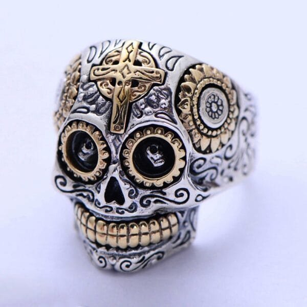 Men's Sterling Silver Sugar Skull Ring - Image 4