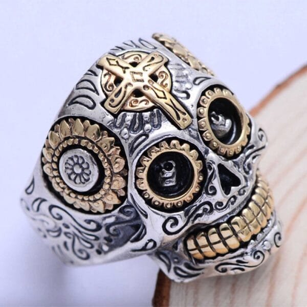 Men's Sterling Silver Sugar Skull Ring - Image 5