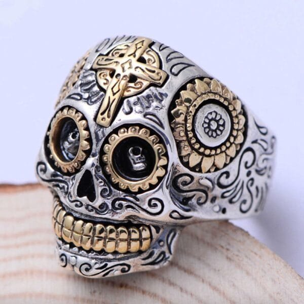 Men's Sterling Silver Sugar Skull Ring - Image 6