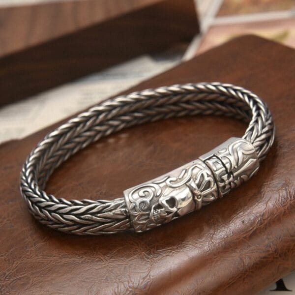 Men's Sterling Silver Crowned Skull Clasp Braided Bracelet - Image 2