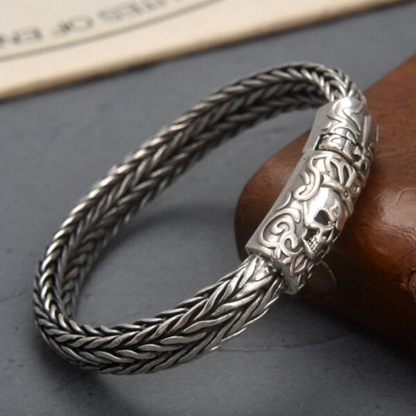 Men's Sterling Silver Crowned Skull Clasp Braided Bracelet - Image 3