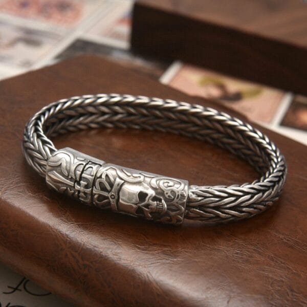 Men's Sterling Silver Crowned Skull Clasp Braided Bracelet - Image 4
