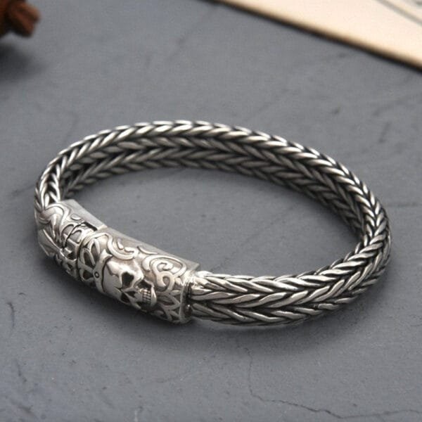 Men's Sterling Silver Crowned Skull Clasp Braided Bracelet - Image 5