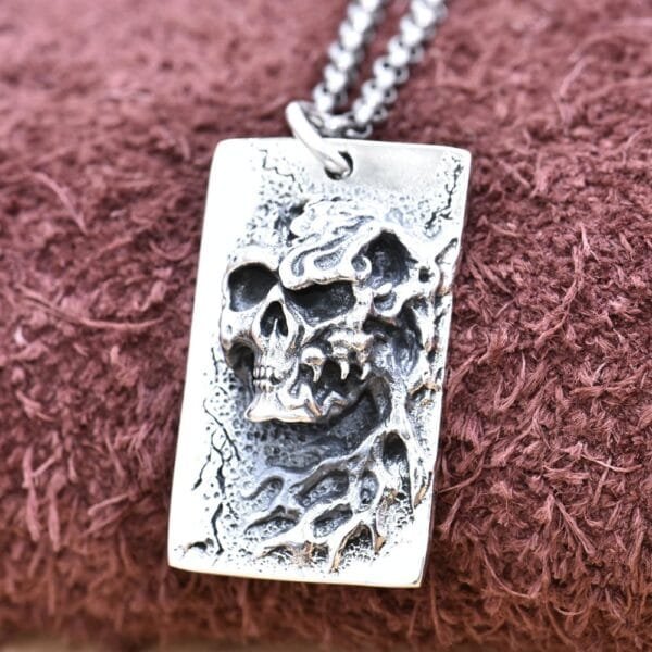 Men's Sterling Silver Flame Skull Tag Necklace - Image 2