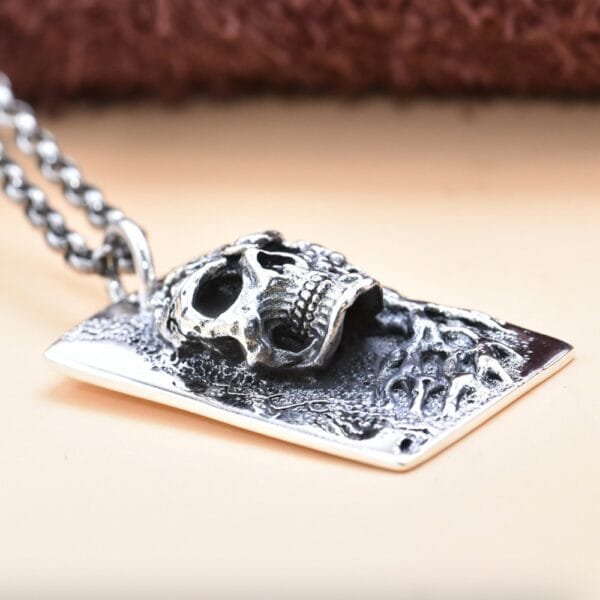 Men's Sterling Silver Flame Skull Tag Necklace - Image 3