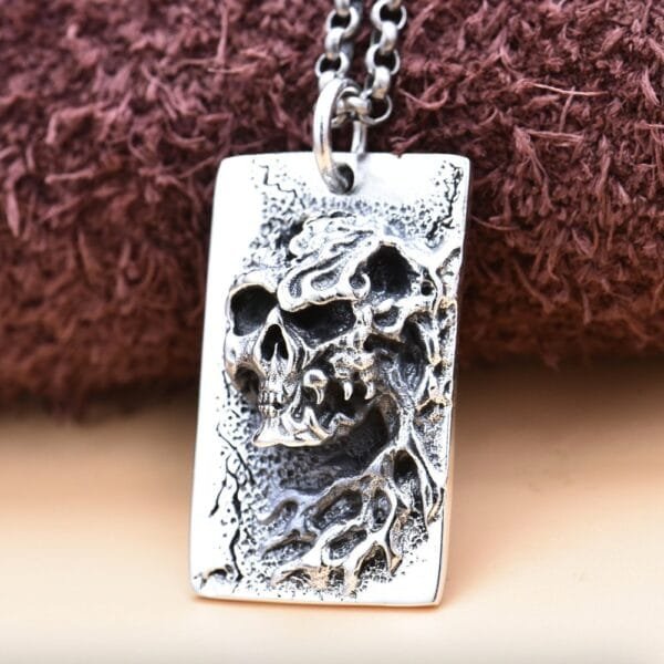 Men's Sterling Silver Flame Skull Tag Necklace - Image 4