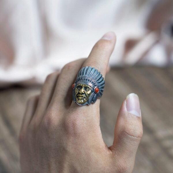 Men's Sterling Silver Indian Chief Ring - Image 9
