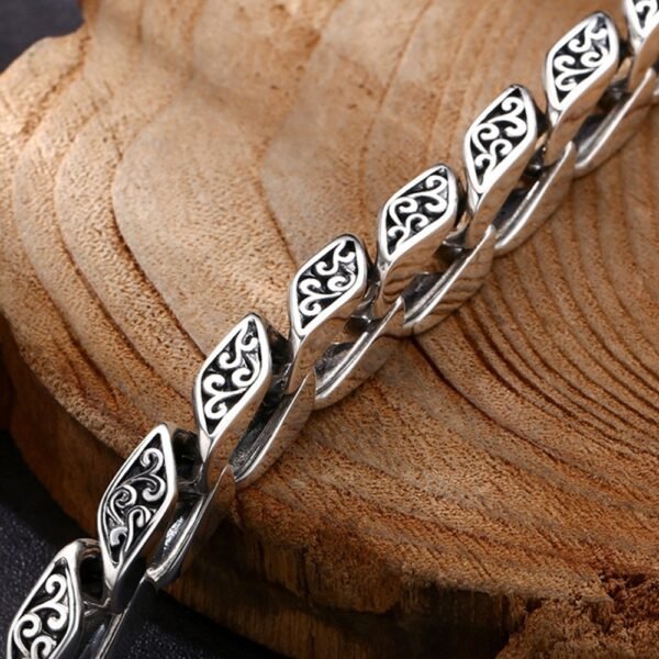 Men's Sterling Silver Ivy-Rimmed Cuban Chain Bracelet - Image 2
