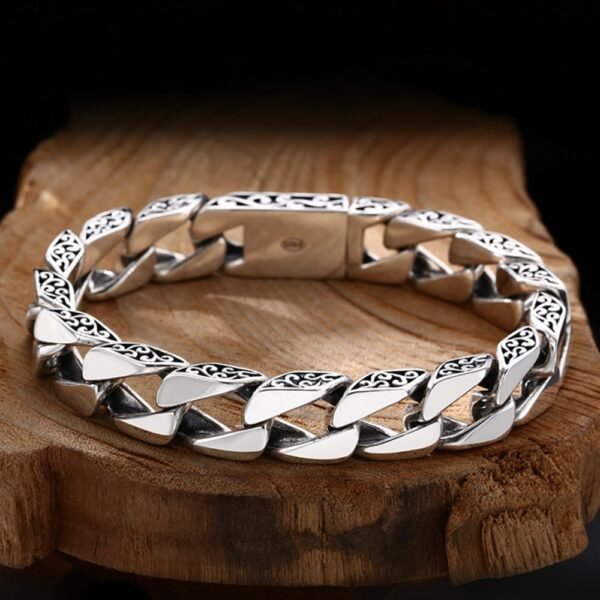 Men's Sterling Silver Ivy-Rimmed Cuban Chain Bracelet - Image 3