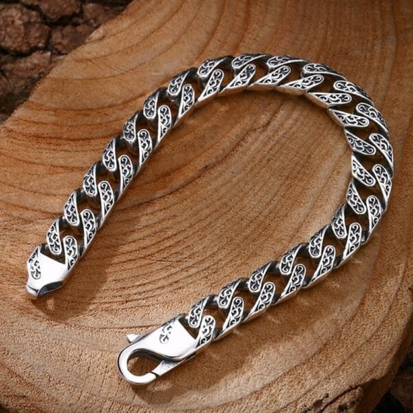 Men's Sterling Silver Ivy Engraved Cuban Chain Bracelet - Image 2