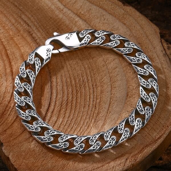 Men's Sterling Silver Ivy Engraved Cuban Chain Bracelet - Image 4
