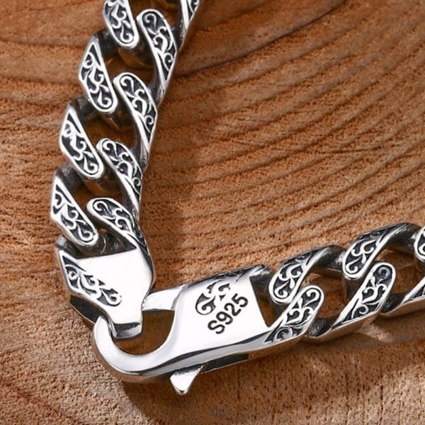 Men's Sterling Silver Ivy Engraved Cuban Chain Bracelet - Image 5