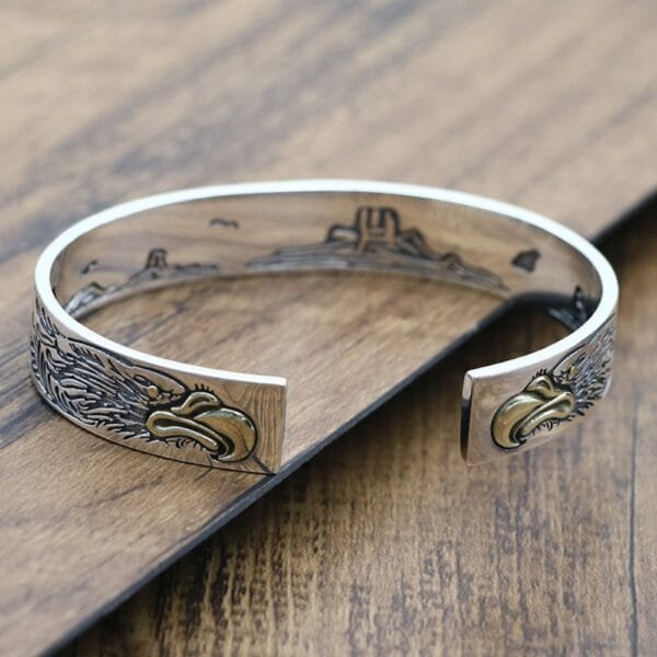 Men's Sterling Silver Ivy Pattern Eagle Cuff Bracelet - Image 3