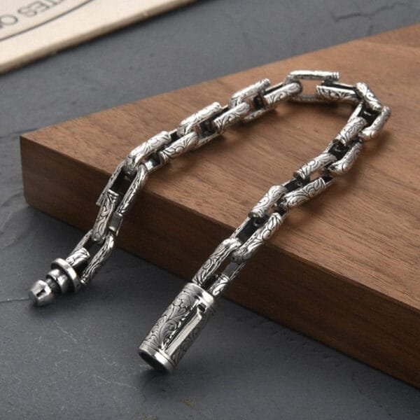 Men's Sterling Silver Ivy Pattern Link Chain Bracelet - Image 2