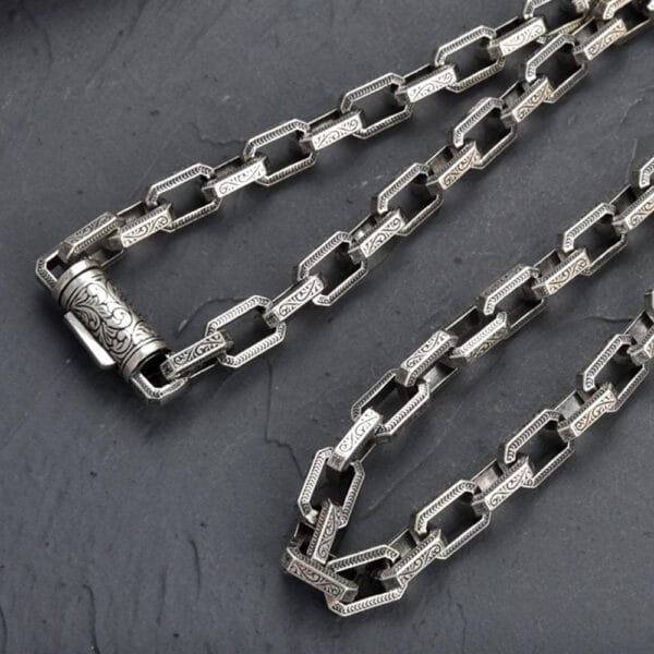 Men's Sterling Silver Ivy Pattern Rectangle Link Chain 20"-30" - Image 2