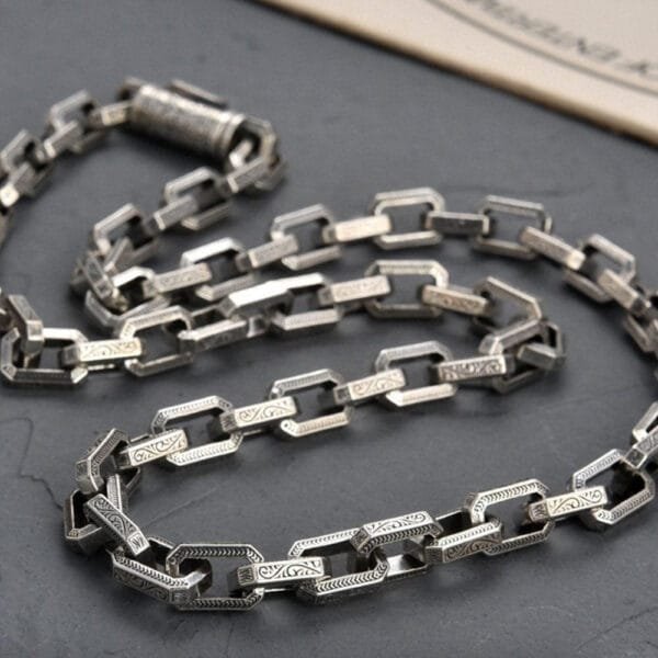 Men's Sterling Silver Ivy Pattern Rectangle Link Chain 20"-30" - Image 4