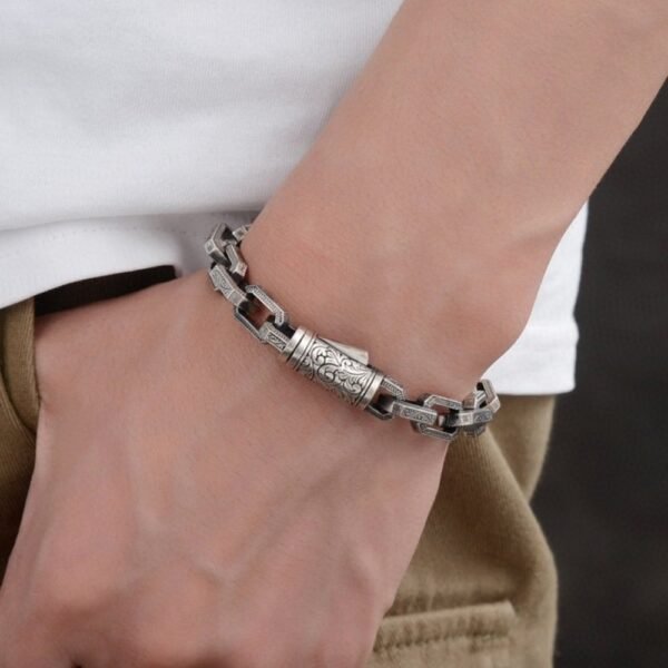 Men's Sterling Silver Ivy Pattern Rectangle Link Chain Bracelet - Image 7