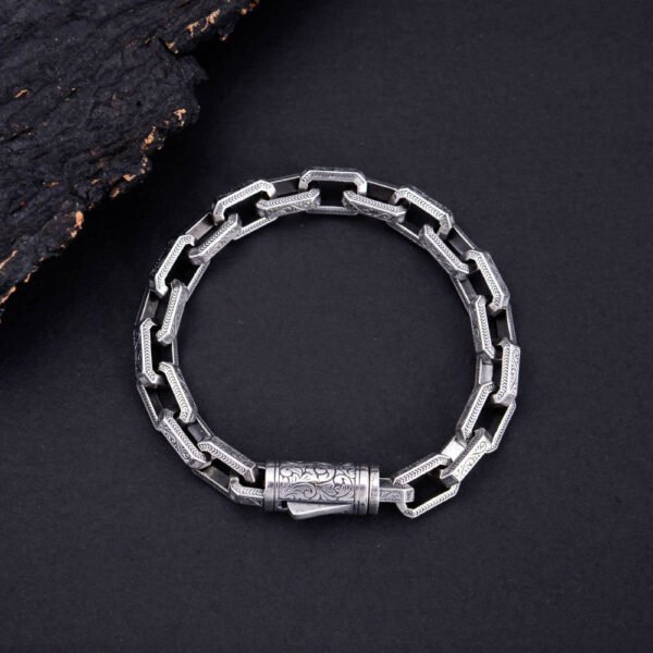 Men's Sterling Silver Ivy Pattern Rectangle Link Chain Bracelet - Image 4