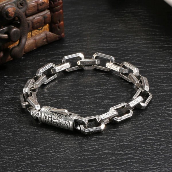 Men's Sterling Silver Ivy Pattern Rectangle Link Chain Bracelet - Image 5