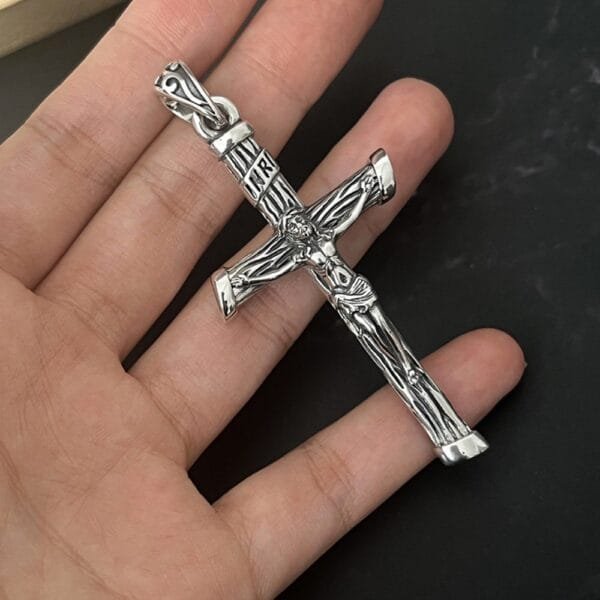 Men's Sterling Silver Jesus Cross Necklace - Image 7