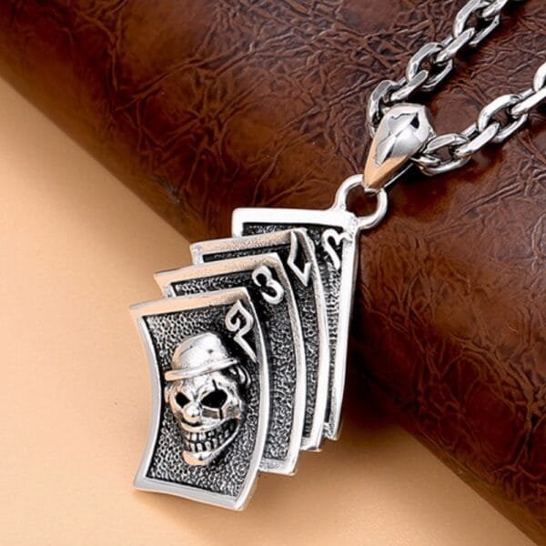 Men's Sterling Silver Joker Skull Poker Necklace - Image 2