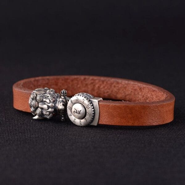 Men's Sterling Silver Mantra of Fortune Leather Belt Bracelet - Image 2