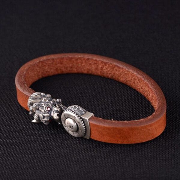 Men's Sterling Silver Mantra of Fortune Leather Belt Bracelet - Image 5