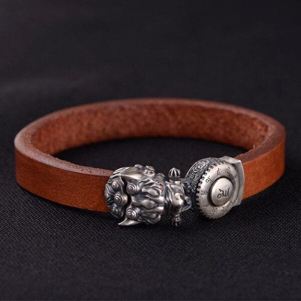 Men's Sterling Silver Mantra of Fortune Leather Belt Bracelet - Image 6