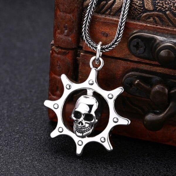 Men's Sterling Silver Rudder Skull Necklace - Image 2
