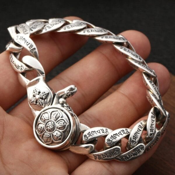 Men's Sterling Silver Six True Words Mantra Curb Chain Bracelet - Image 4