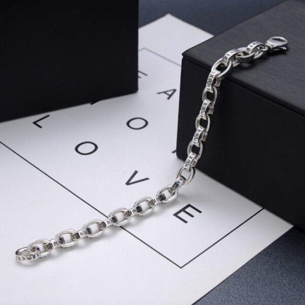Men's Sterling Silver Six True Words Mantra Oval Link Chain Bracelet - Image 2