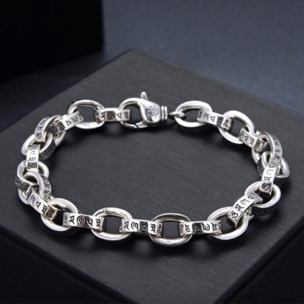 Men's Sterling Silver Six True Words Mantra Oval Link Chain Bracelet - Image 3
