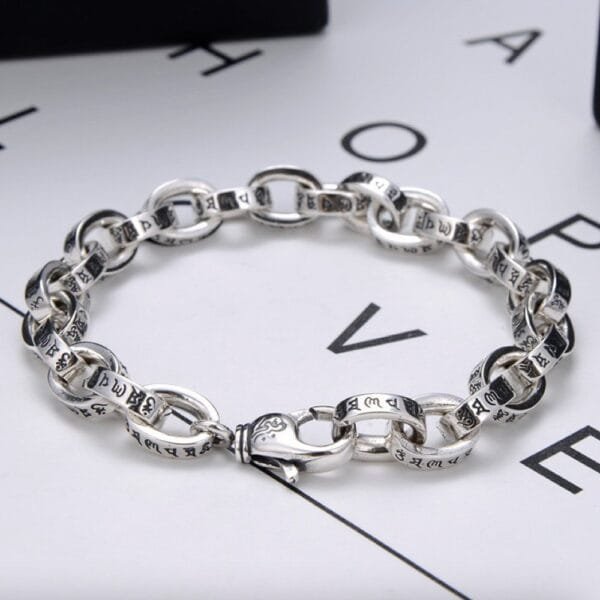 Men's Sterling Silver Six True Words Mantra Oval Link Chain Bracelet - Image 4