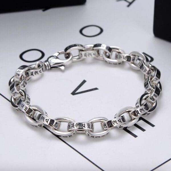 Men's Sterling Silver Six True Words Mantra Oval Link Chain Bracelet - Image 5