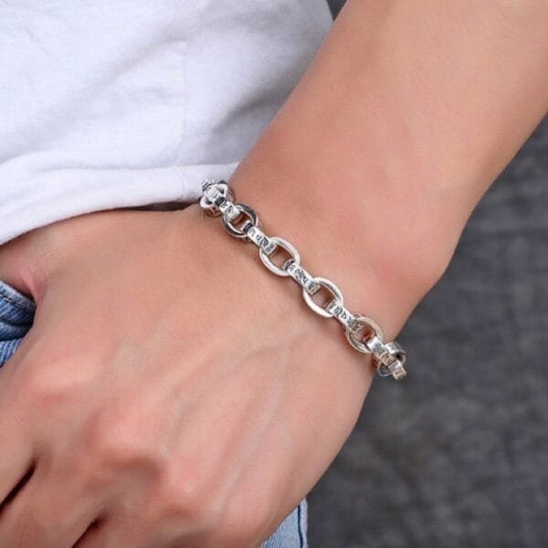 Men's Sterling Silver Six True Words Mantra Oval Link Chain Bracelet - Image 6