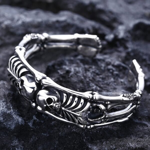 Men's Sterling Silver Skeletons Skull Cuff Bracelet - Image 2