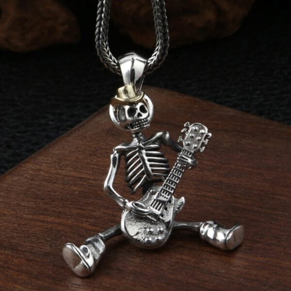 Men's Sterling Silver Skull Guitarist Pendant Necklace - Image 2