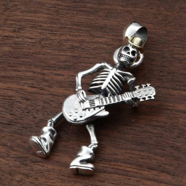 Men's Sterling Silver Skull Guitarist Pendant Necklace - Image 3