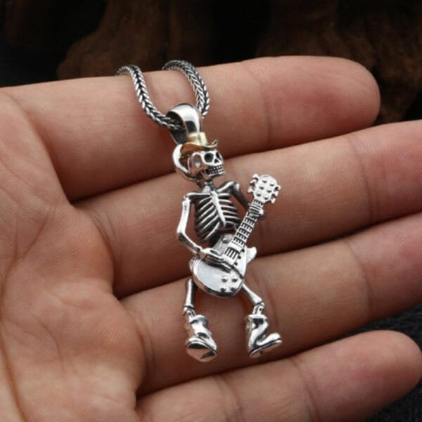 Men's Sterling Silver Skull Guitarist Pendant Necklace - Image 5